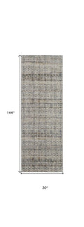 8' Gray Ivory and Blue Abstract Power Loom Worn Faded Runner Rug With Fringe