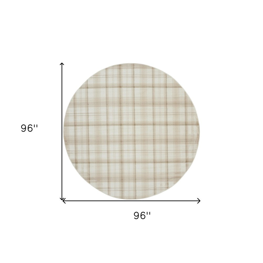 8' Ivory Plaid Power Loom Round Rug