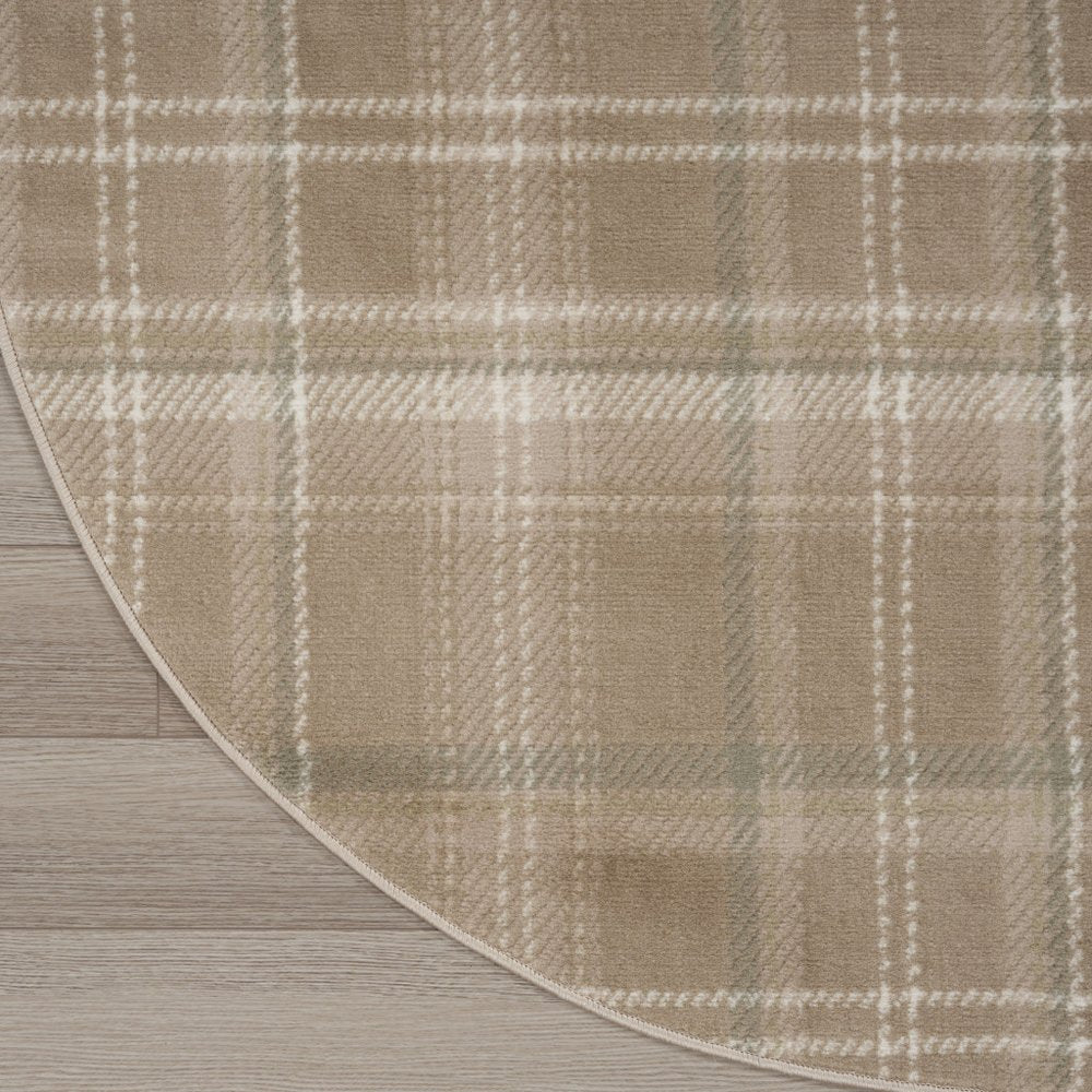 8' Taupe and Ivory Plaid Round Rug