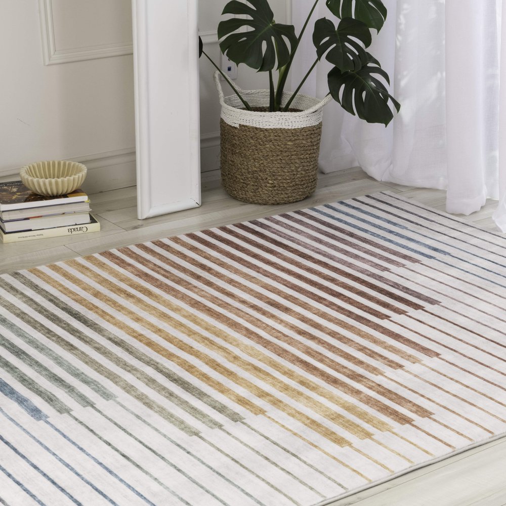 5' X 8' Beige Blue and Brown Striped Area Rug