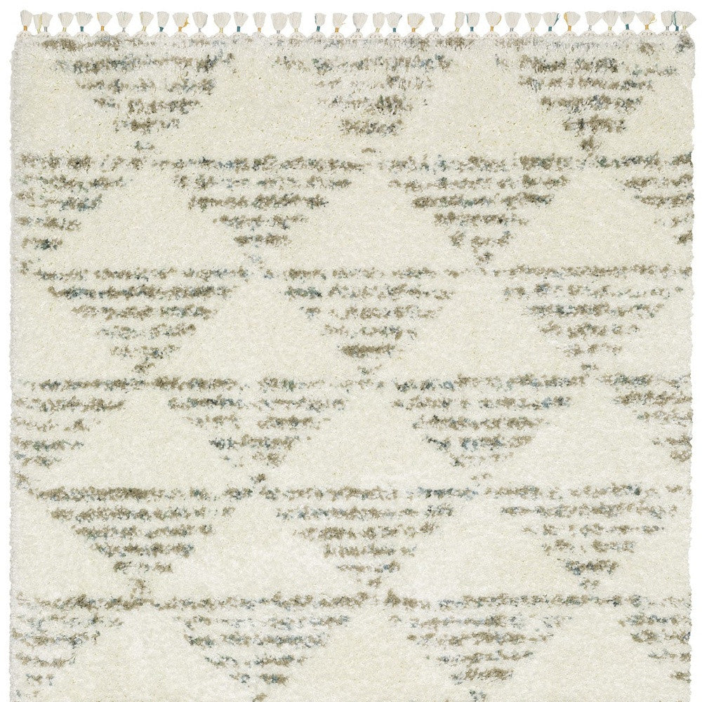 8' X 11' Ivory And Green Geometric Shag Area Rug With Fringe