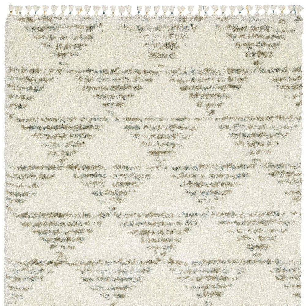 8' X 11' Ivory And Green Geometric Shag Area Rug With Fringe