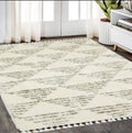 8' X 11' Ivory And Green Geometric Shag Area Rug With Fringe