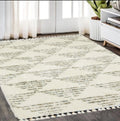 8' X 11' Ivory And Green Geometric Shag Area Rug With Fringe
