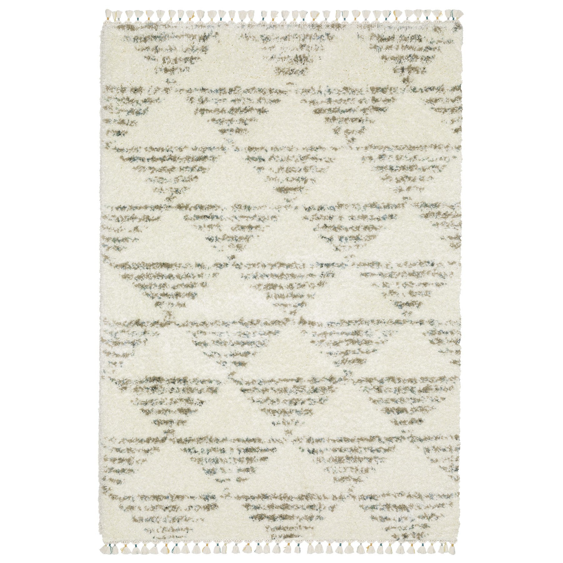 8' X 11' Ivory And Green Geometric Shag Area Rug With Fringe