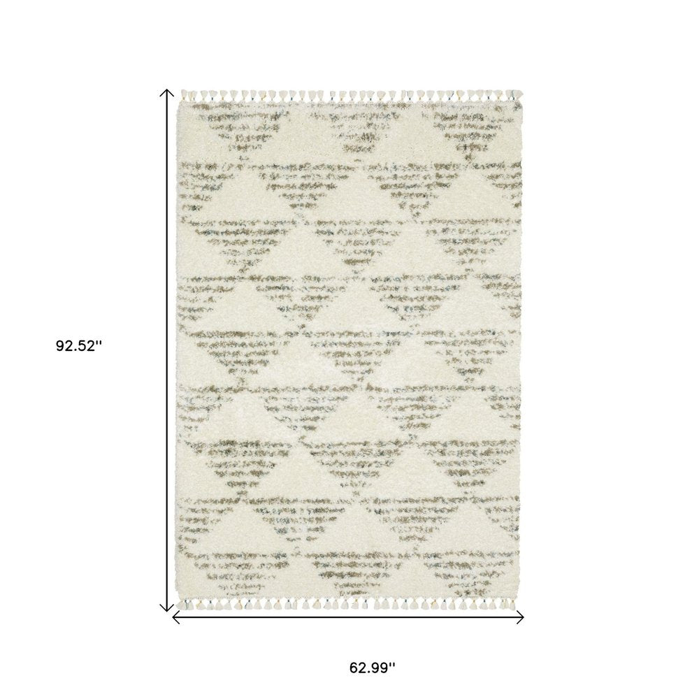 8' X 11' Ivory And Green Geometric Shag Area Rug With Fringe