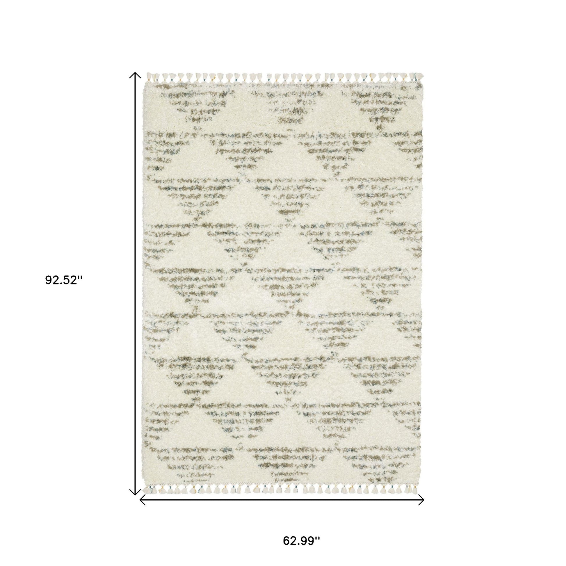 8' X 11' Ivory And Green Geometric Shag Area Rug With Fringe