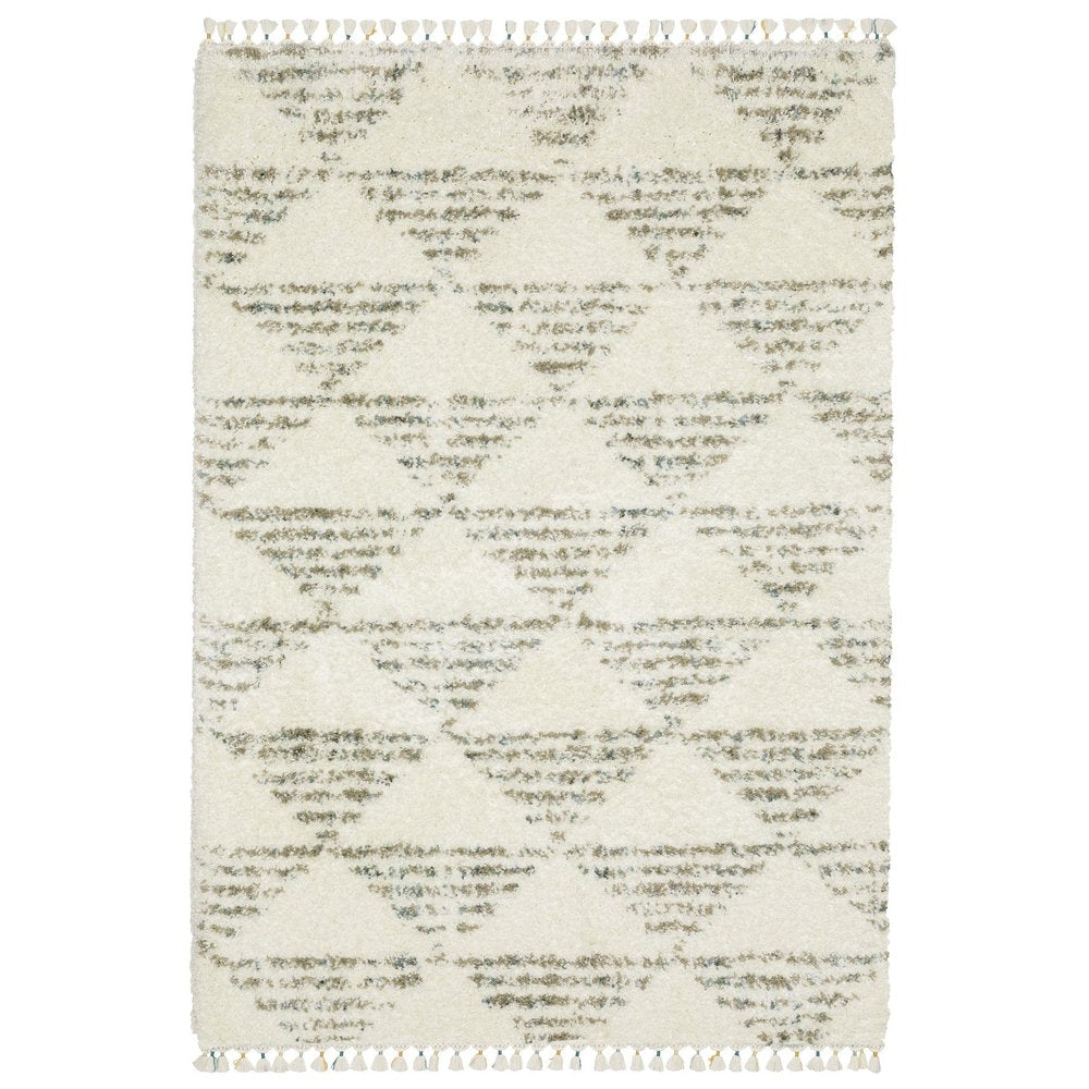 8' X 11' Ivory And Green Geometric Shag Area Rug With Fringe