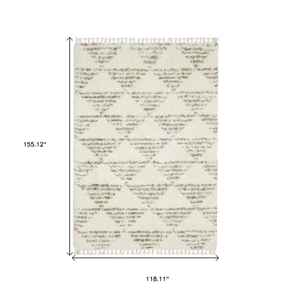 8' X 11' Ivory And Green Geometric Shag Area Rug With Fringe