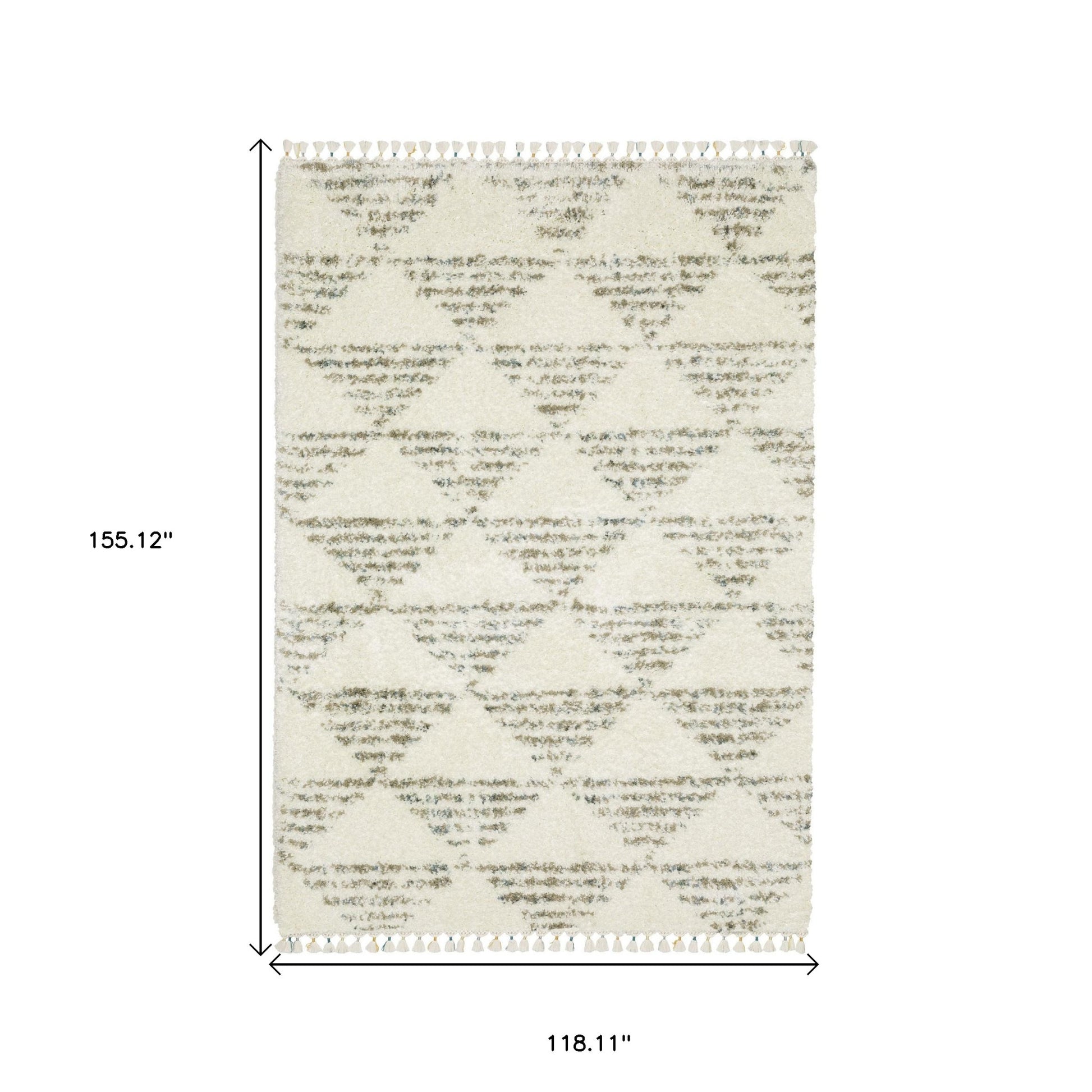 8' X 11' Ivory And Green Geometric Shag Area Rug With Fringe