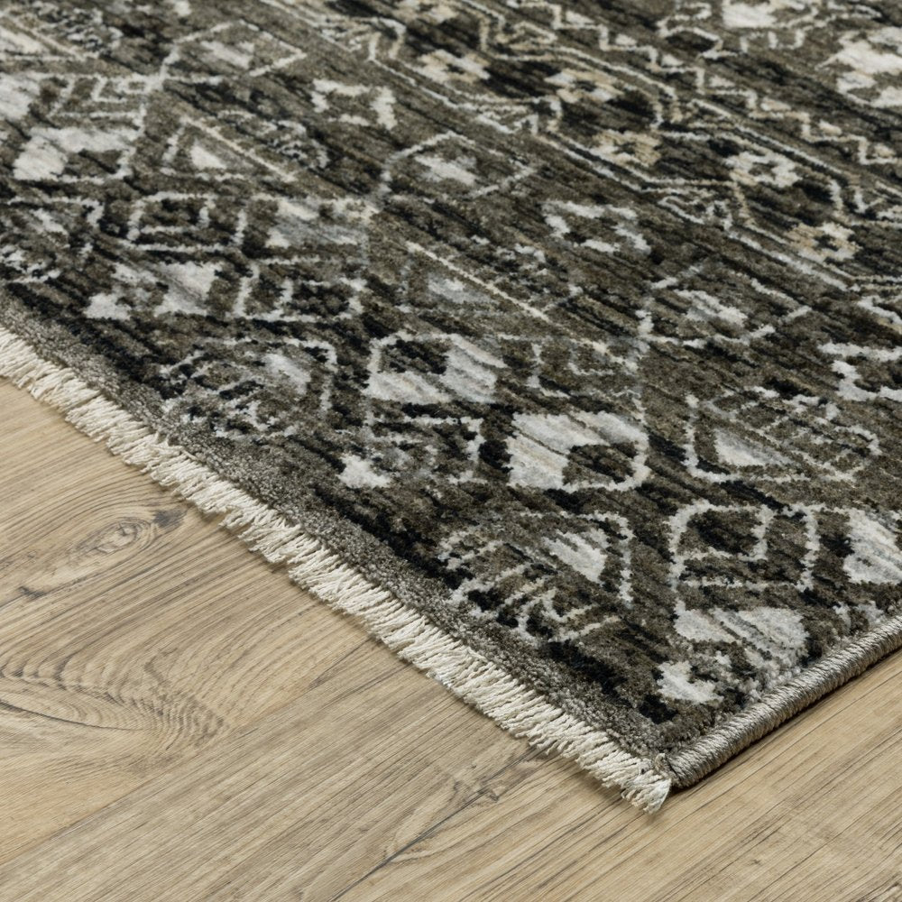 3' X 5' Black And Gray Tribal Area Rug With Fringe