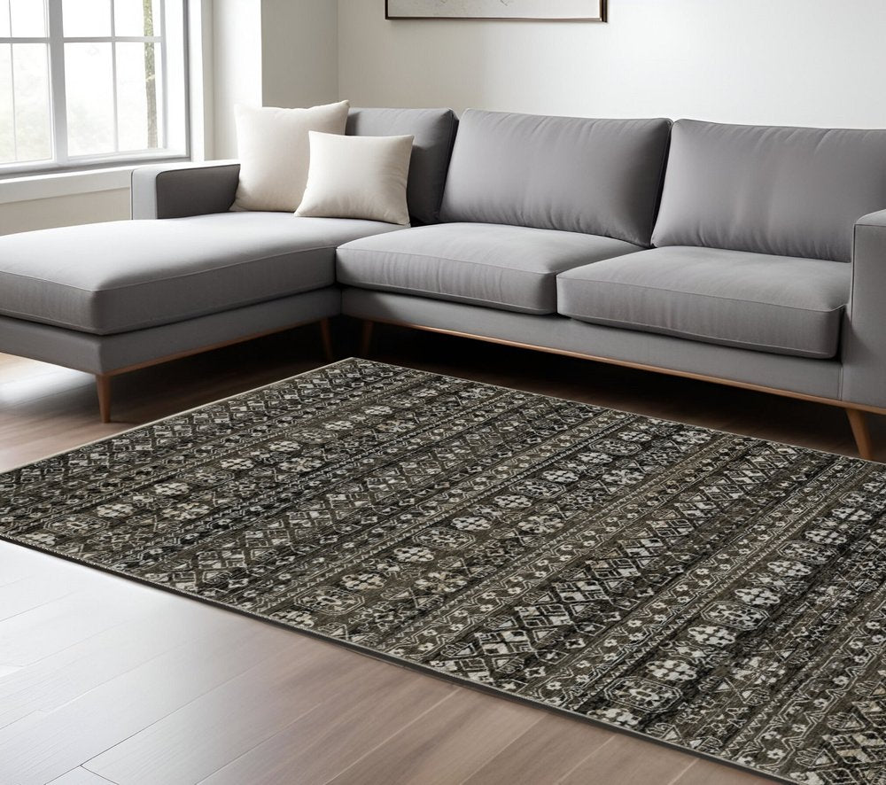 3' X 5' Black And Gray Tribal Area Rug With Fringe