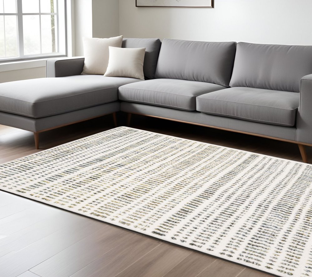 5' X 8' Ivory Gold And Gray Striped Area Rug