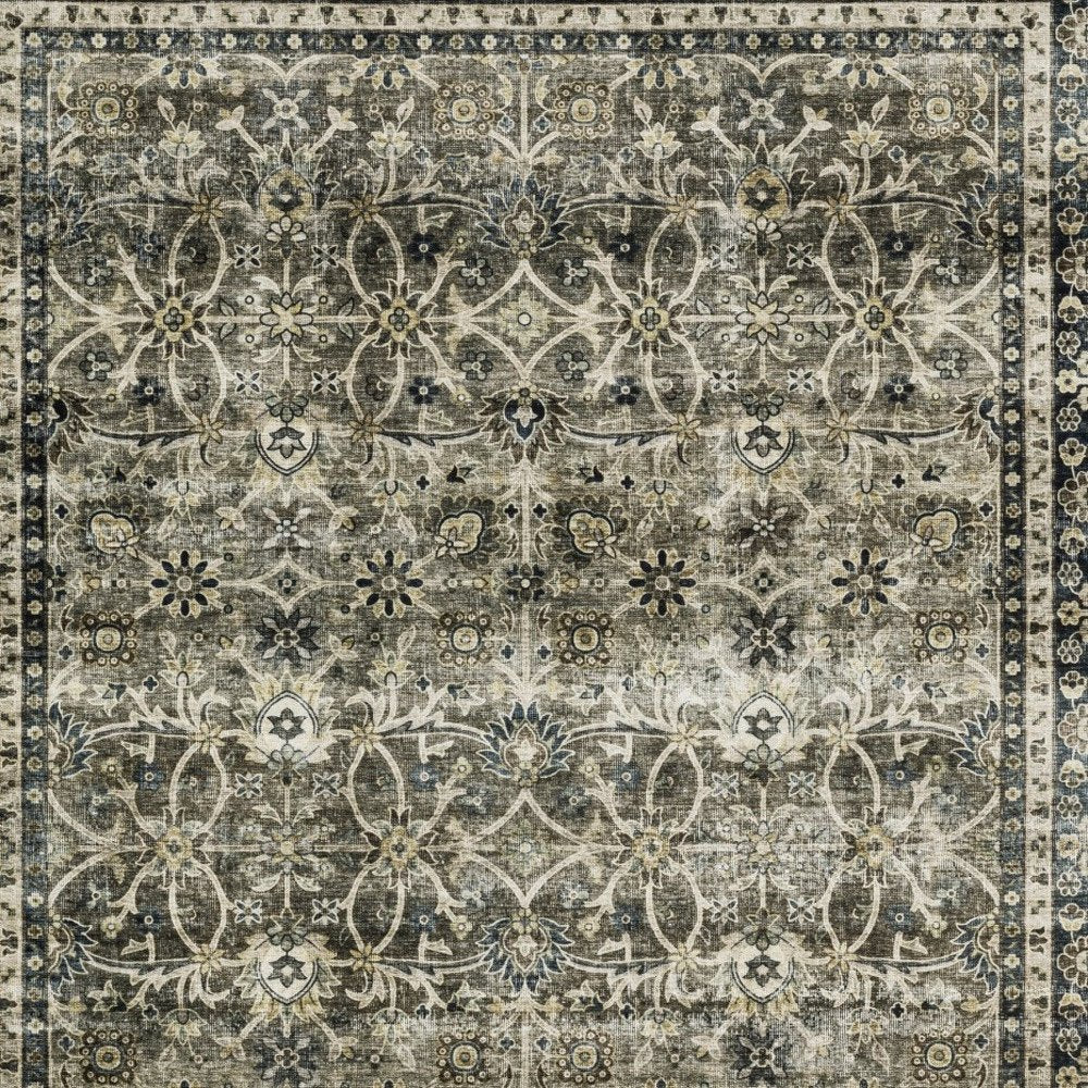 5' X 7' Charcoal And Blue Oriental Area Rug