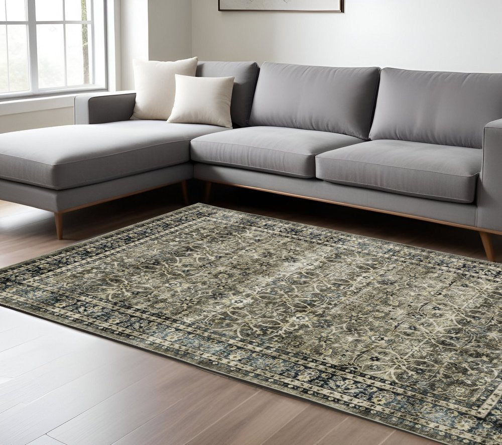 5' X 7' Charcoal And Blue Oriental Area Rug