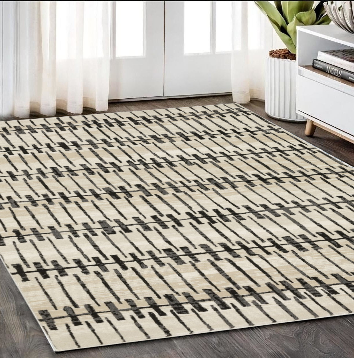 3' X 5' Beige And Black Geometric Area Rug