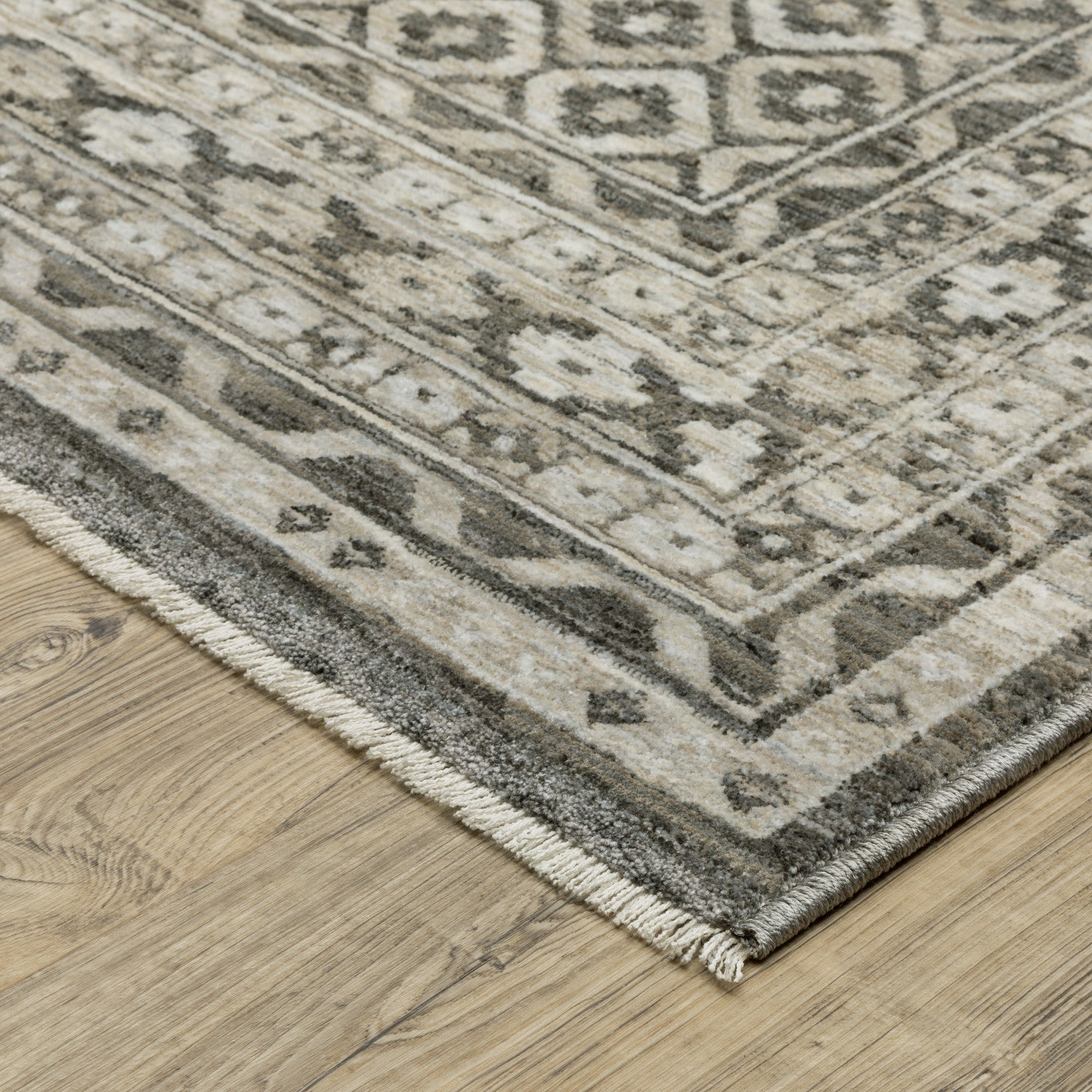 10' X 13' Gray And Beige Diamond Area Rug With Fringe
