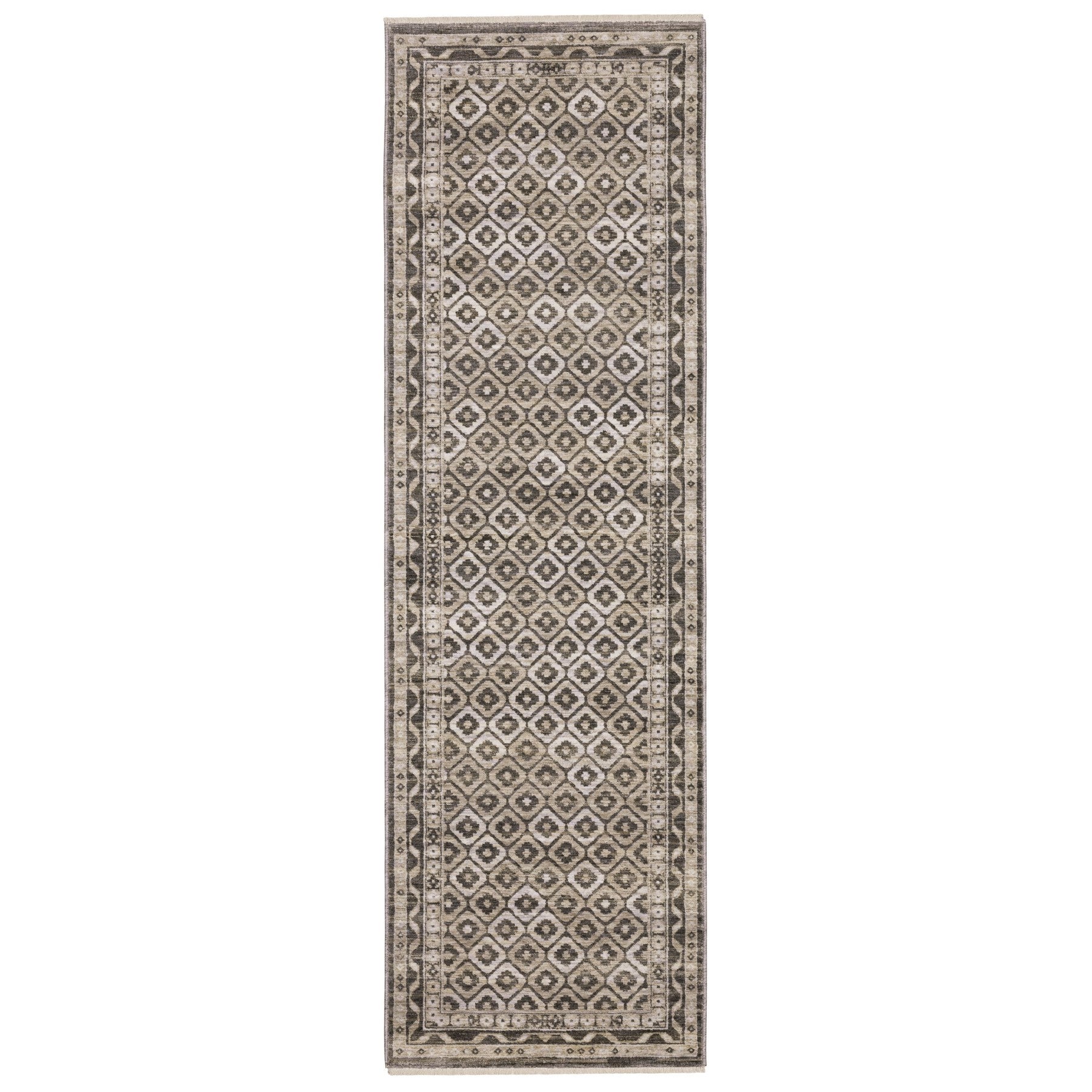 10' X 13' Gray And Beige Diamond Area Rug With Fringe