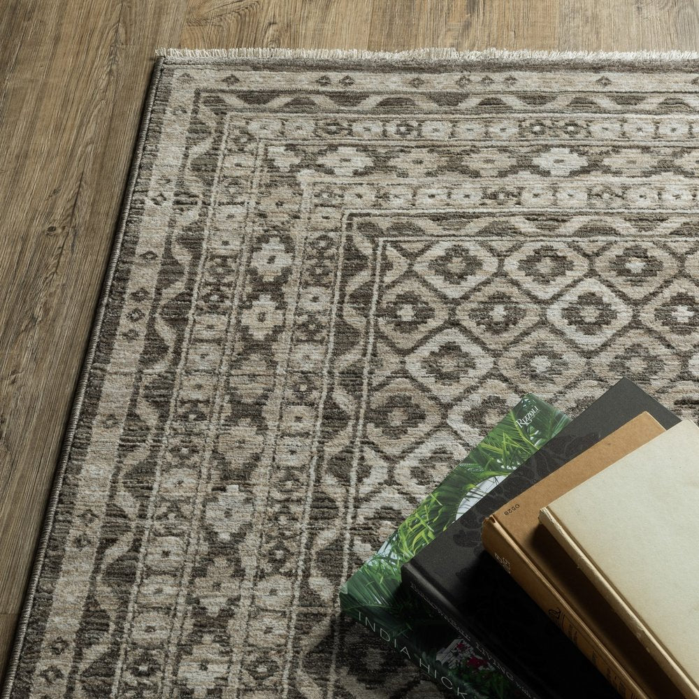 10' X 13' Gray And Beige Diamond Area Rug With Fringe