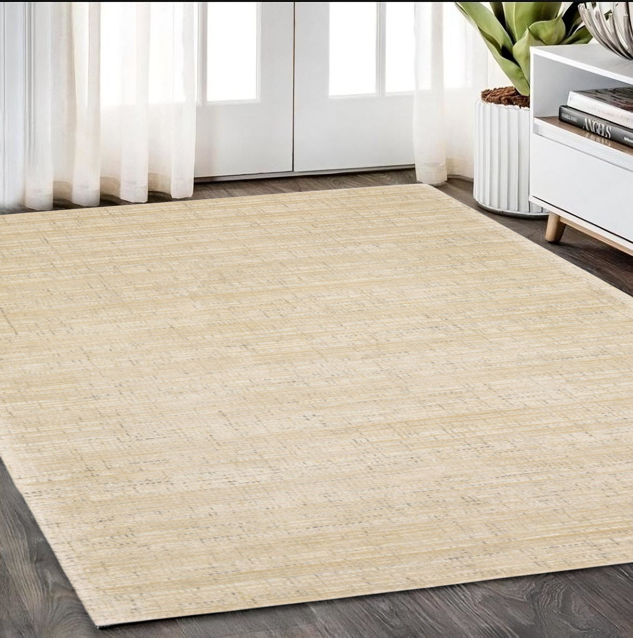 5' X 8' Ivory And Gray Striped Hand Tufted Area Rug