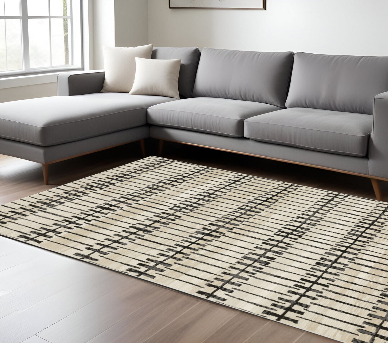 3' X 5' Beige And Black Geometric Area Rug
