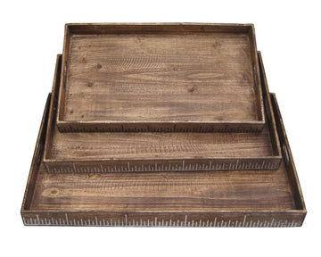 Set of Three Brown Wood Nesting Serving Trays