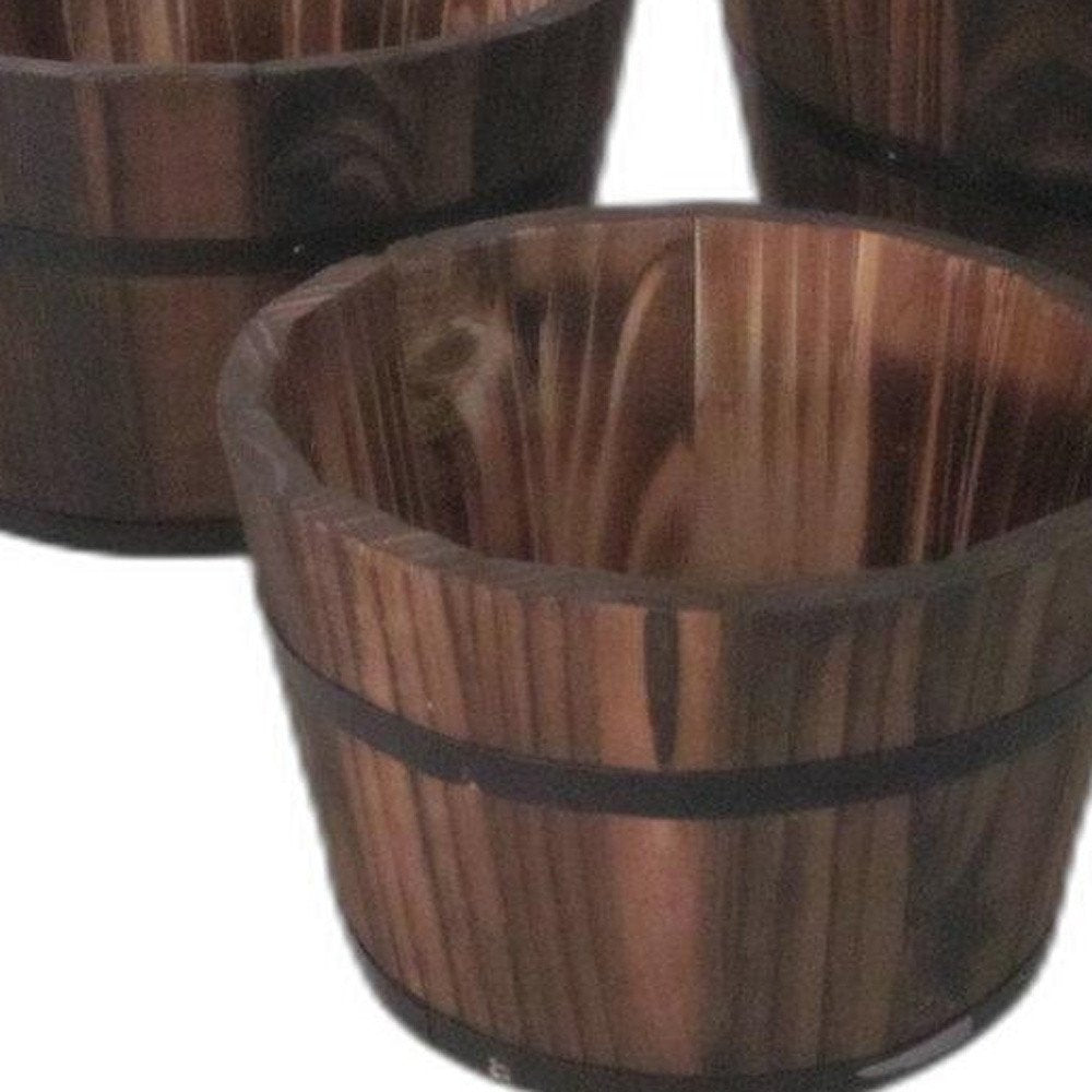 Set of Three Brown Solid Wood Round Pot Planter