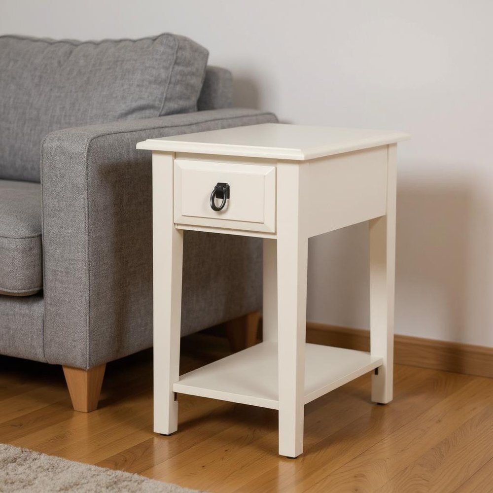 23" White Wood End Table With Drawer And Magazine Holder