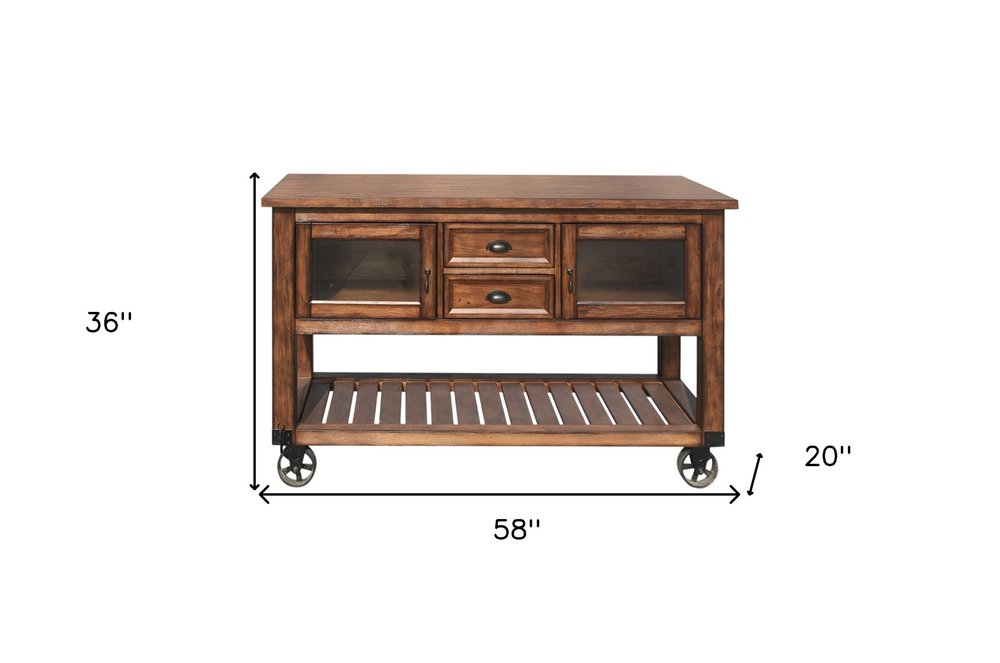 58" Rustic Brown Rolling Kitchen Cart With Storage
