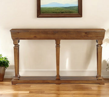 72" Oak Solid and Manufactured Wood Floor Shelf Console Table With Shelves