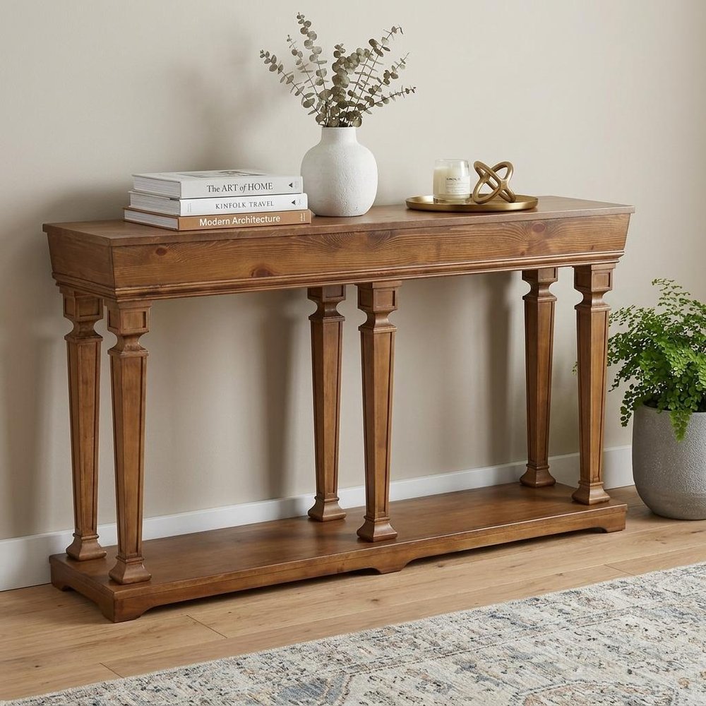 72" Oak Wood Floor Shelf Console Table With Shelf