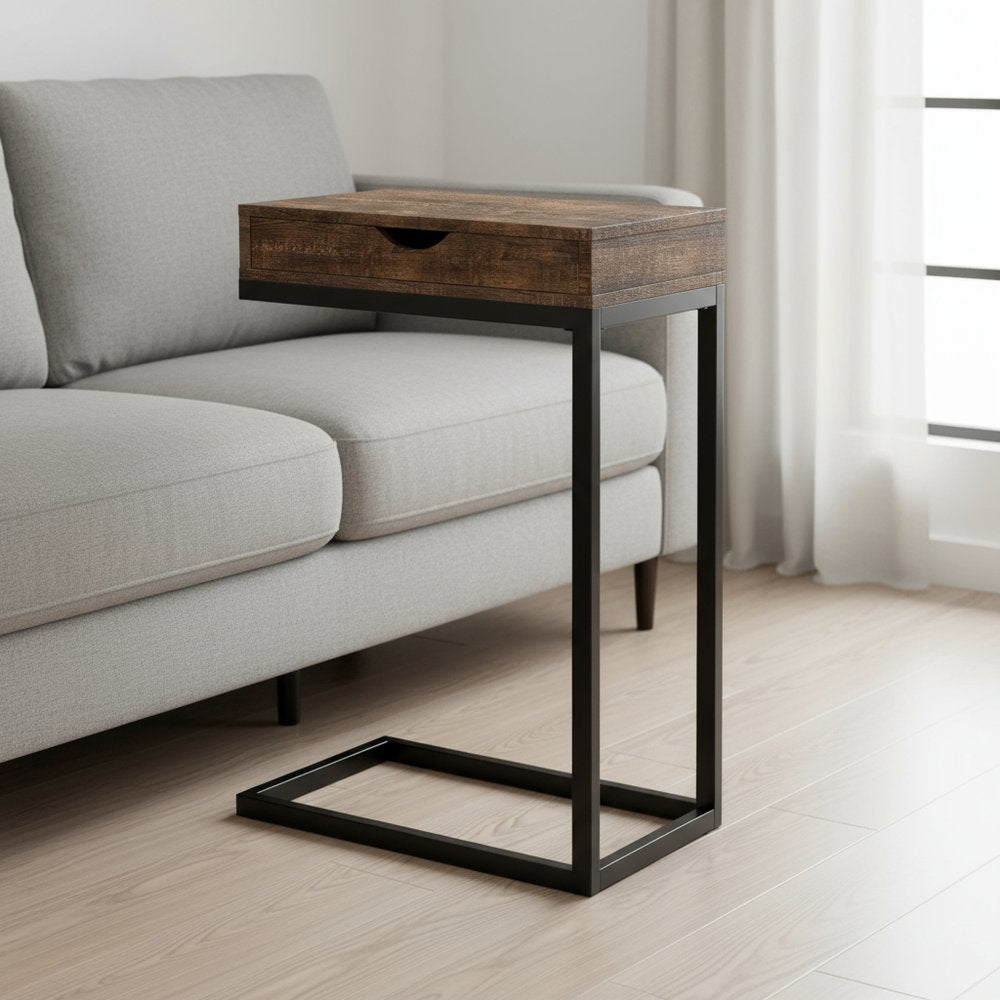 10.25" X 15.75" X 24.5" Brown Finish Drawer And Black Metal Accent Table