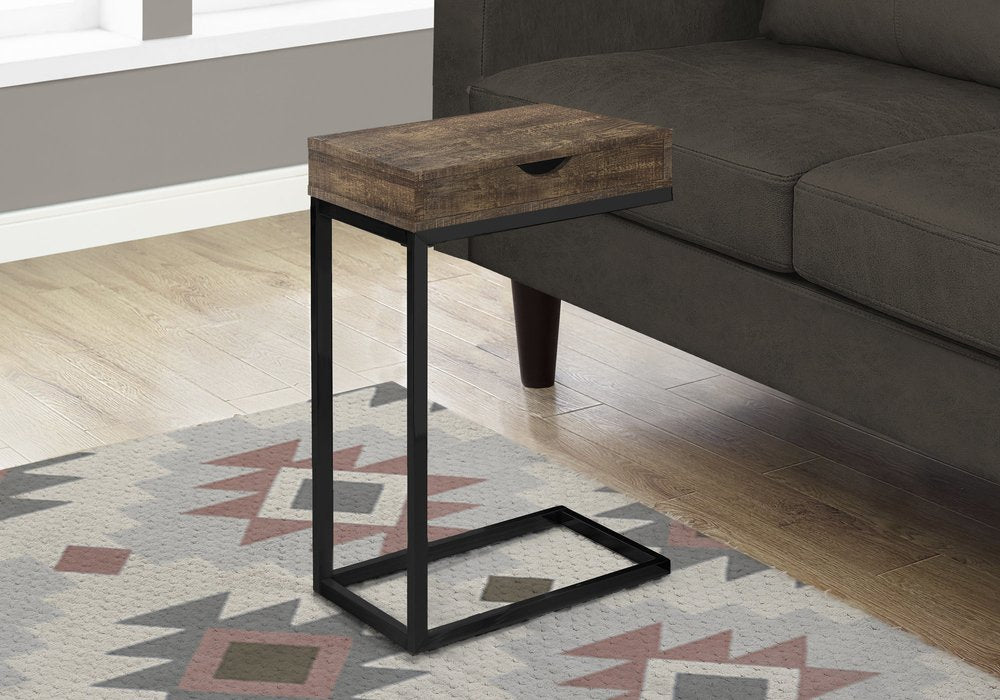 10.25" X 15.75" X 24.5" Brown Finish Drawer And Black Metal Accent Table