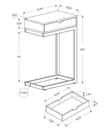10.25" X 15.75" X 24.5" Brown Finish Drawer And Black Metal Accent Table