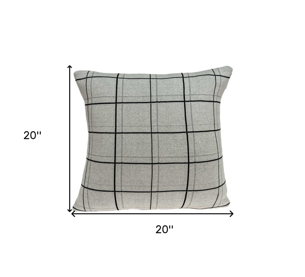20" Gray Plaid Cotton Throw Pillow