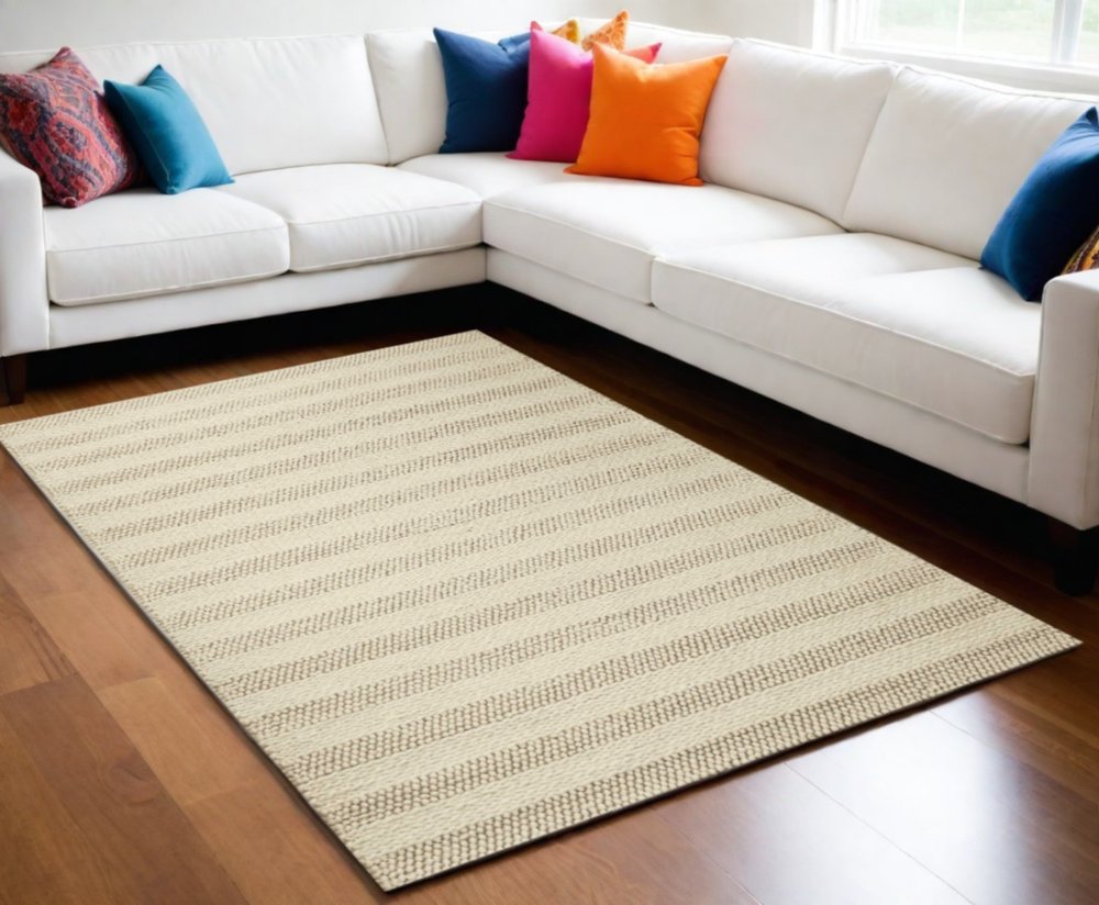 5' X 7' Ivory And White New Zealand Lambs Wool Striped Hand Woven Area Rug