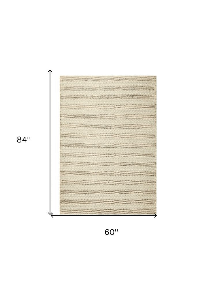 5' X 7' Ivory And White New Zealand Lambs Wool Striped Hand Woven Area Rug