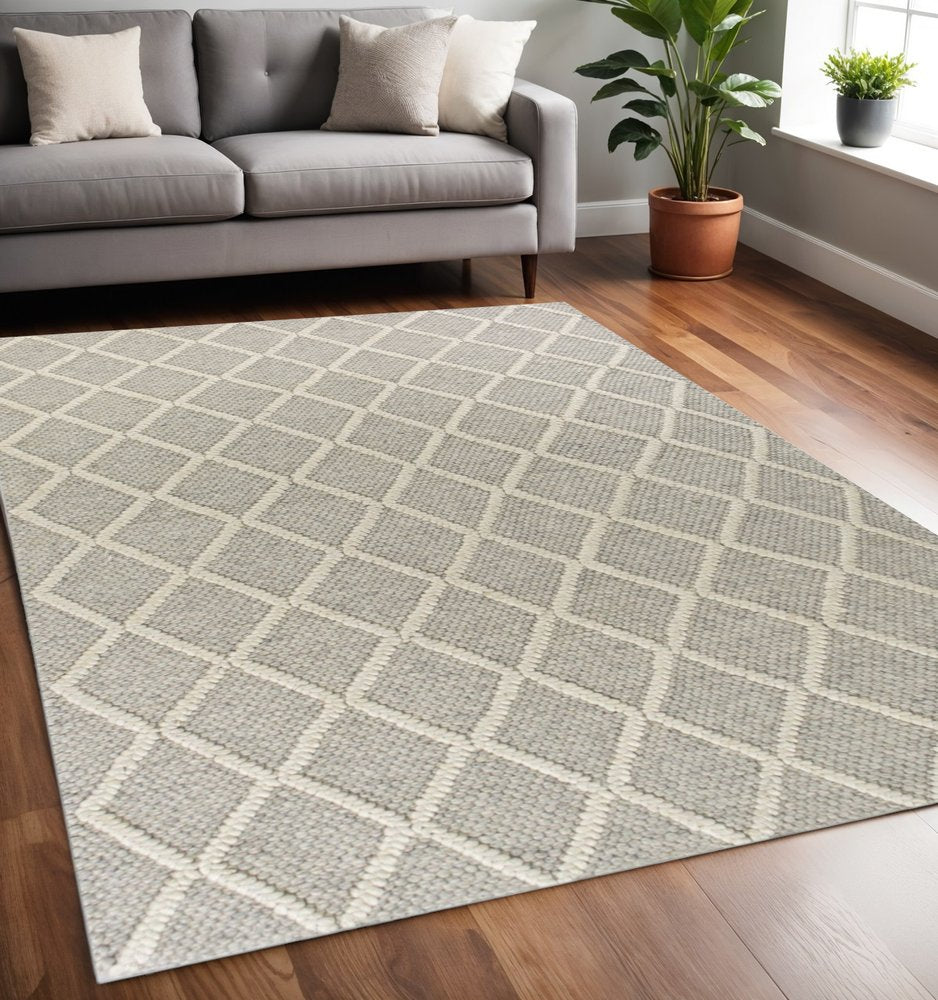 5' X 7' Dark Gray and Ivory Wool Diamond Hand Woven Berber Area Rug