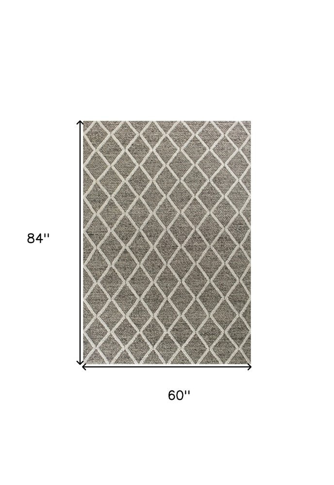 5' X 7' Dark Gray and Ivory Wool Diamond Hand Woven Berber Area Rug