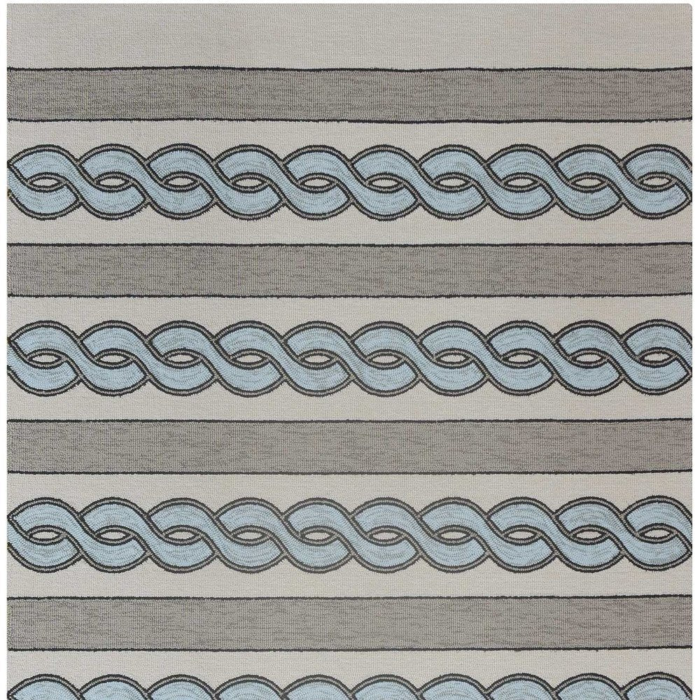 6' X 9' Ivory Light Blue And Gray Geometric Hand Hooked Area Rug
