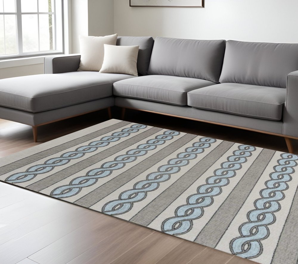 6' X 9' Ivory Light Blue And Gray Geometric Hand Hooked Area Rug