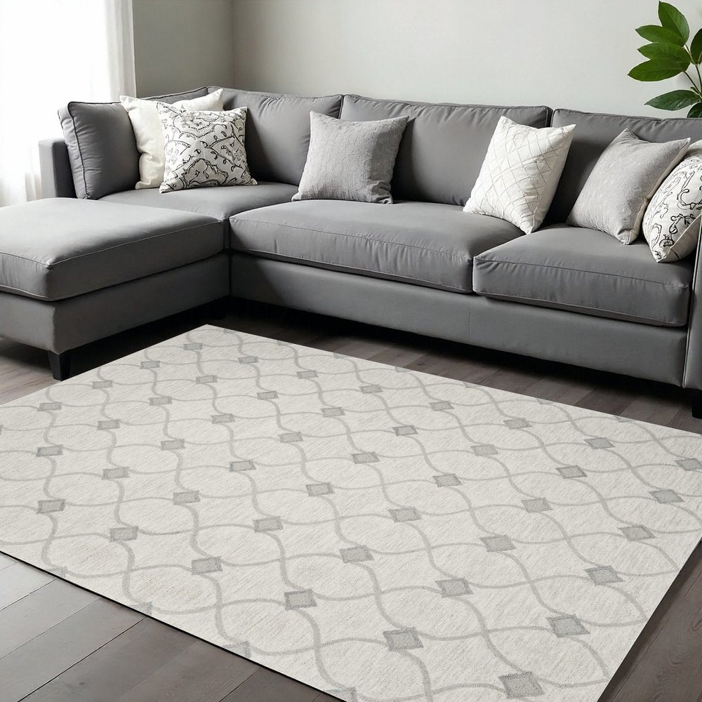 9' X 12' Ivory And Gray Wool Ogee Hand Tufted Area Rug