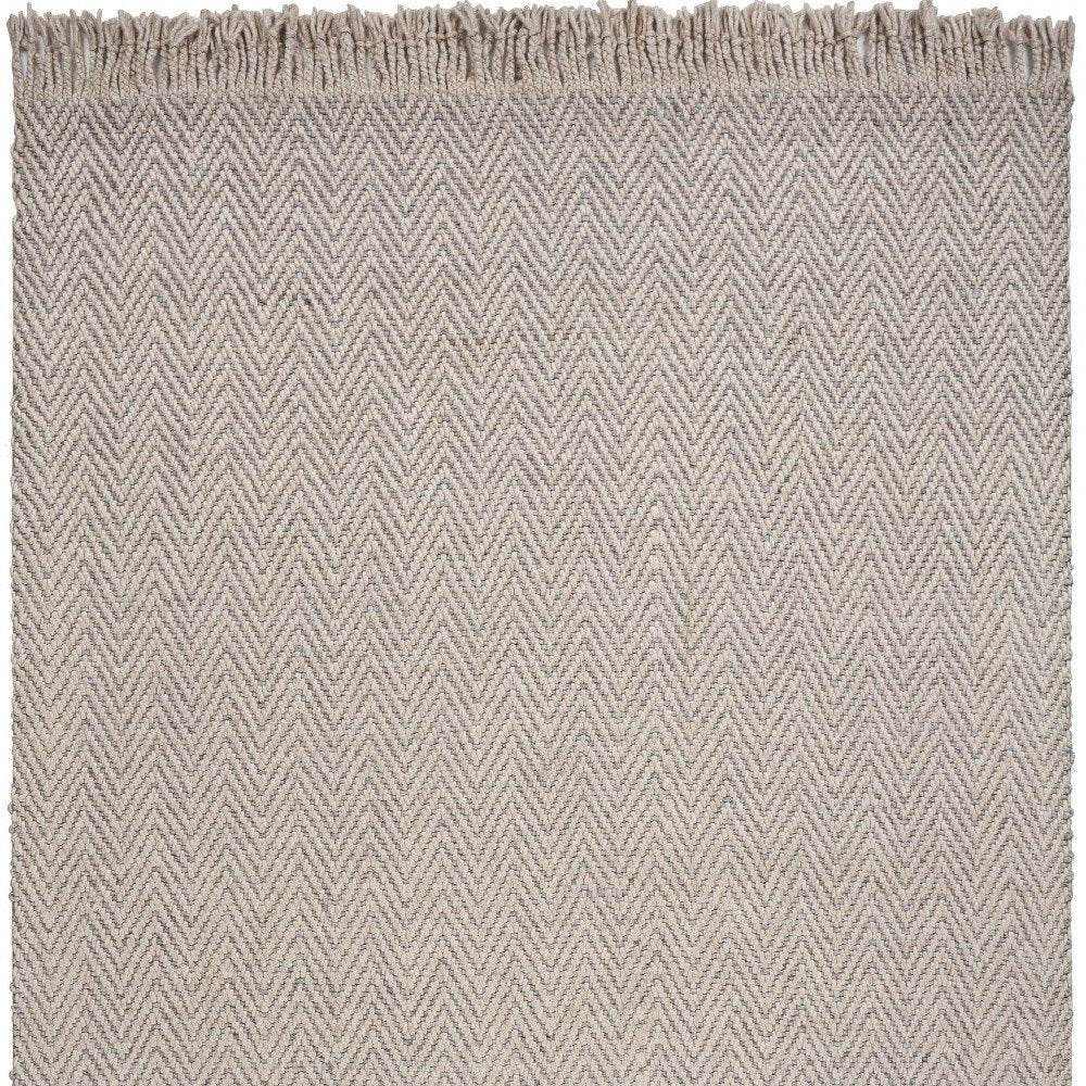 8' X 10' Beige And Gray Wool Chevron Hand Woven Area Rug With Fringe