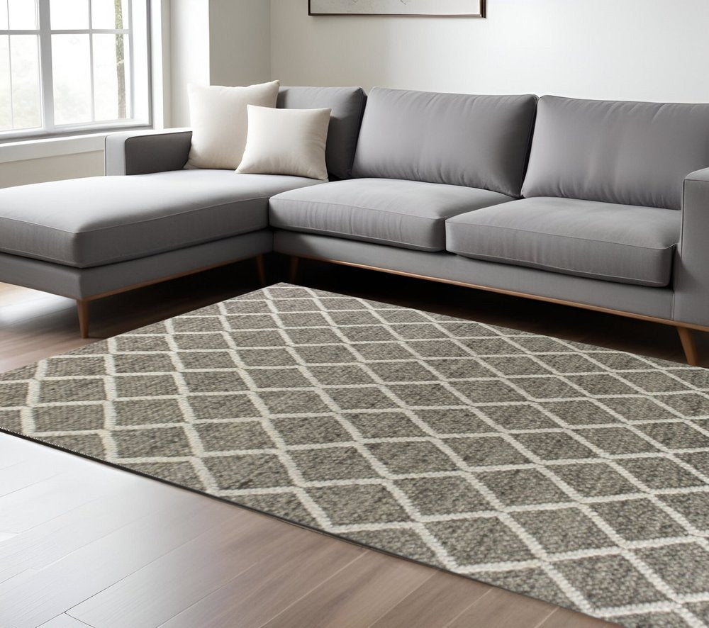 8' X 10' Dark Gray And Ivory New Zealand Lambs Wool Diamond Hand Woven Area Rug