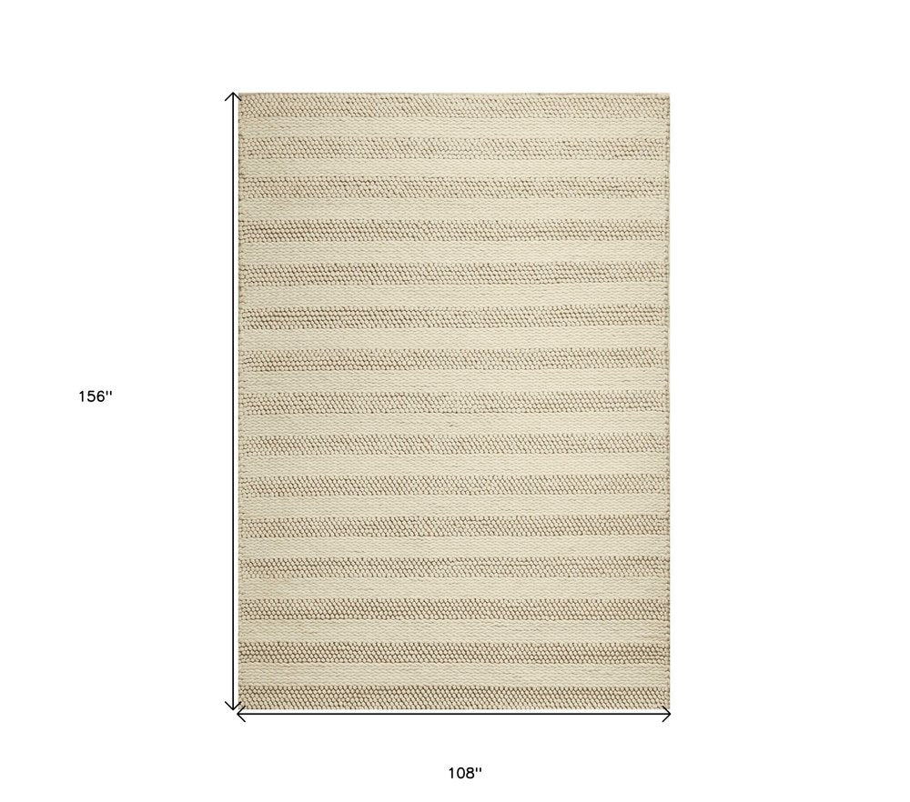 9' X 13' Ivory And White Wool Striped Hand Woven Area Rug