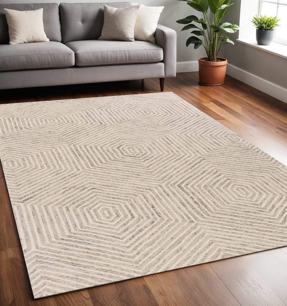 5' X 7' Sand And Beige Wool Geometric Hand Tufted Area Rug