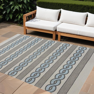 5' X 7' Ivory and Blue Abstract Indoor Outdoor Area Rug