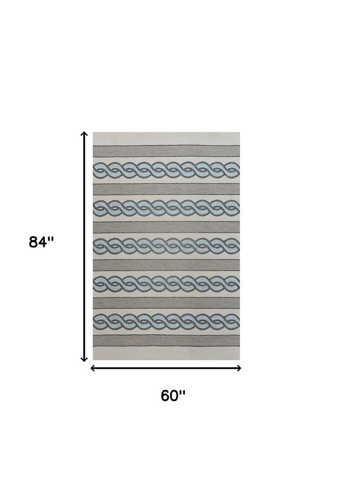 5' X 7' Ivory And Blue Abstract Handmade Indoor Outdoor Area Rug