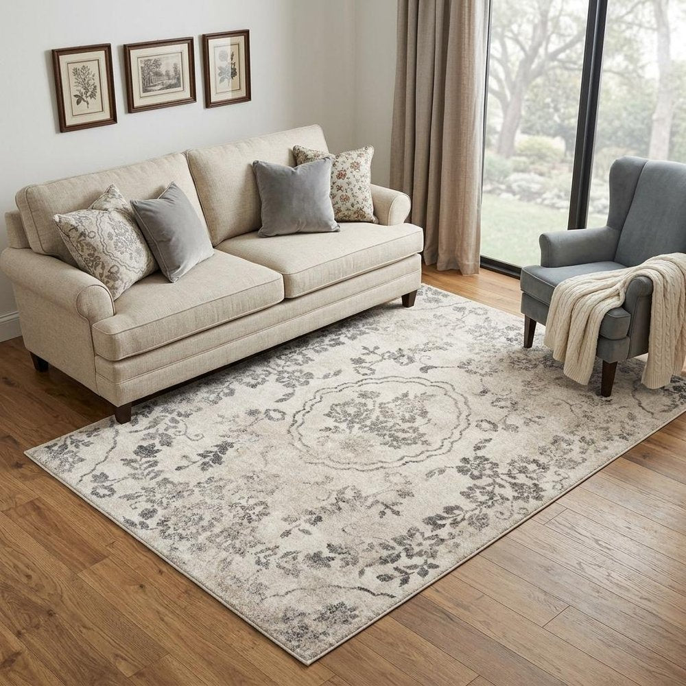 7' Gray And Tan Floral Distressed Runner Rug