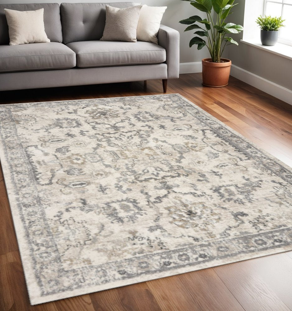 7' Ivory And Gray Floral Medallion Distressed Runner Rug